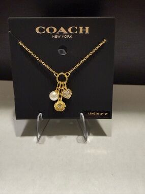 NEW Coach Gold tone Necklace with Flower Pearl Heart Charms pendant dainty 16”